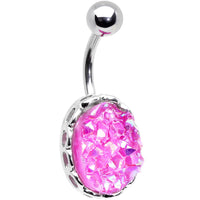 Pink Faux Druzy Scalloped Setting Belly Button Ring