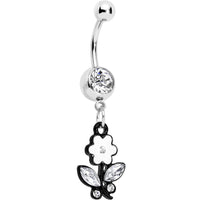 Clear Czech Stone Black Faceted Floral Foliage Dangle Belly Ring