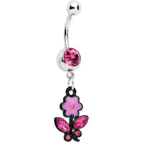 Pink Czech Stone Black Faceted Floral Foliage Dangle Belly Ring