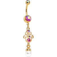 Pink Aurora Gem Faux Pearl Gold Anodized Hamsa Dangle Belly Ring