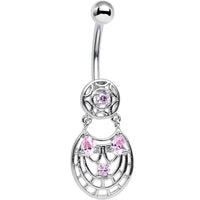 Pink CZ Gem Circular Woven Pattern Dangle Belly Ring