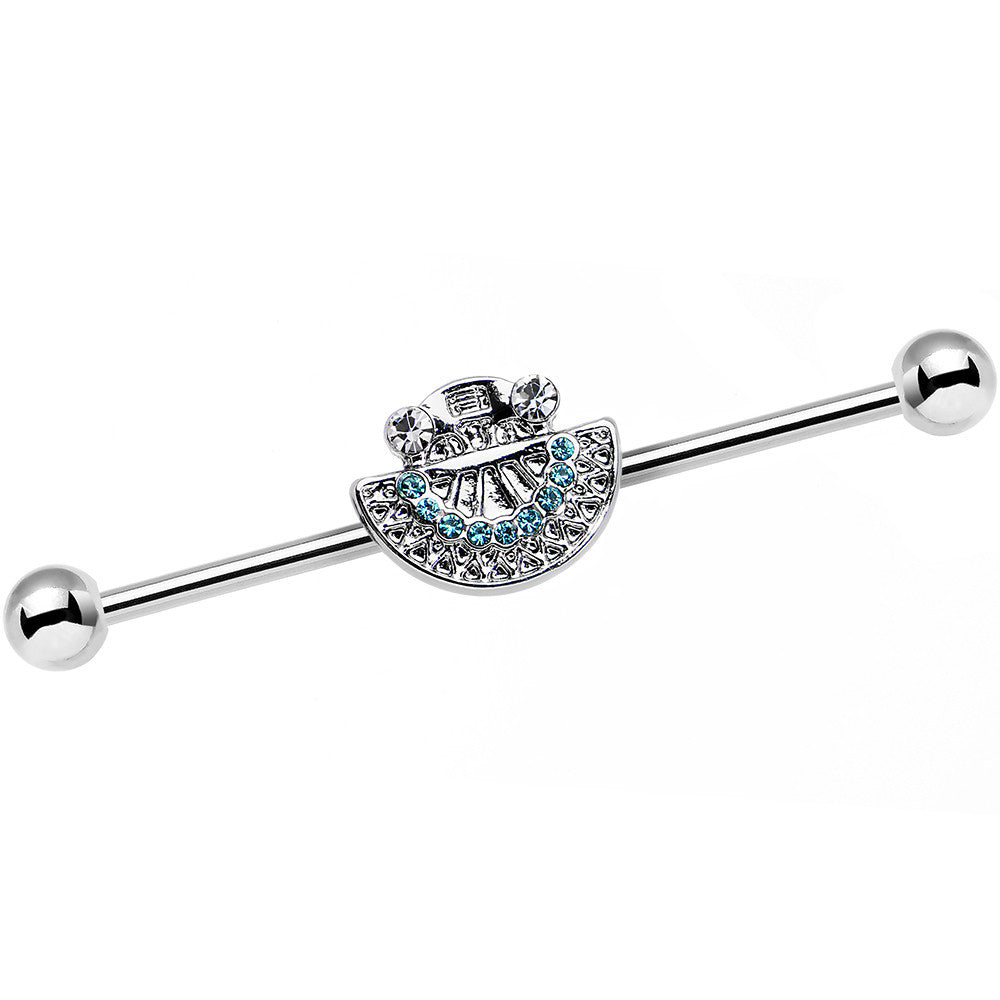 14G Blue Zircon Gem Aztec Tribal Fan industrial Barbell 38mm