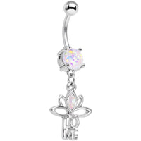White Faux Opal Framework Love Lotus Flower Dangle Belly Ring