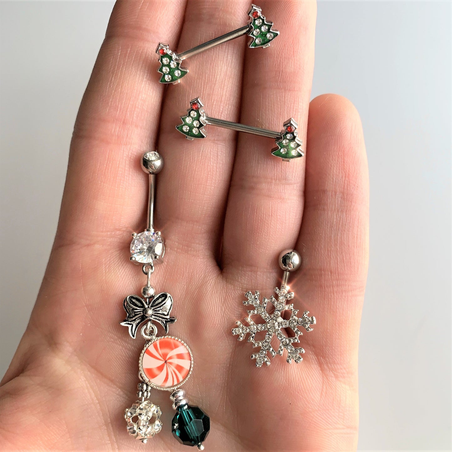 14G 9/16 Clear Red Gem Christmas Tree Barbell Nipple Ring Set