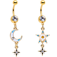 Clear Gem Gold PVD White Moon Star Dangle Belly Ring Set of 2
