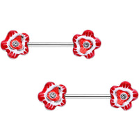9/16 Clear Gem Red Anemone Buttercup Flower Barbell Nipple Ring Set