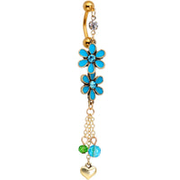 Blue Green Gem Gold PVD Double Daisy Flower Top Mount Dangle Belly Ring