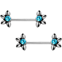 9/16 Aqua CZ Blooming Flower Barbell Nipple Ring Set