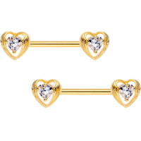 Clear CZ Gold Tone Anodized Hugged Heart Barbell Nipple Ring Set