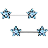 9/16 Aqua Gem Encrusted Big Star Barbell Nipple Ring Set