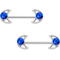 9/16 Blue Gem Hollow Moon Barbell Nipple Ring Set