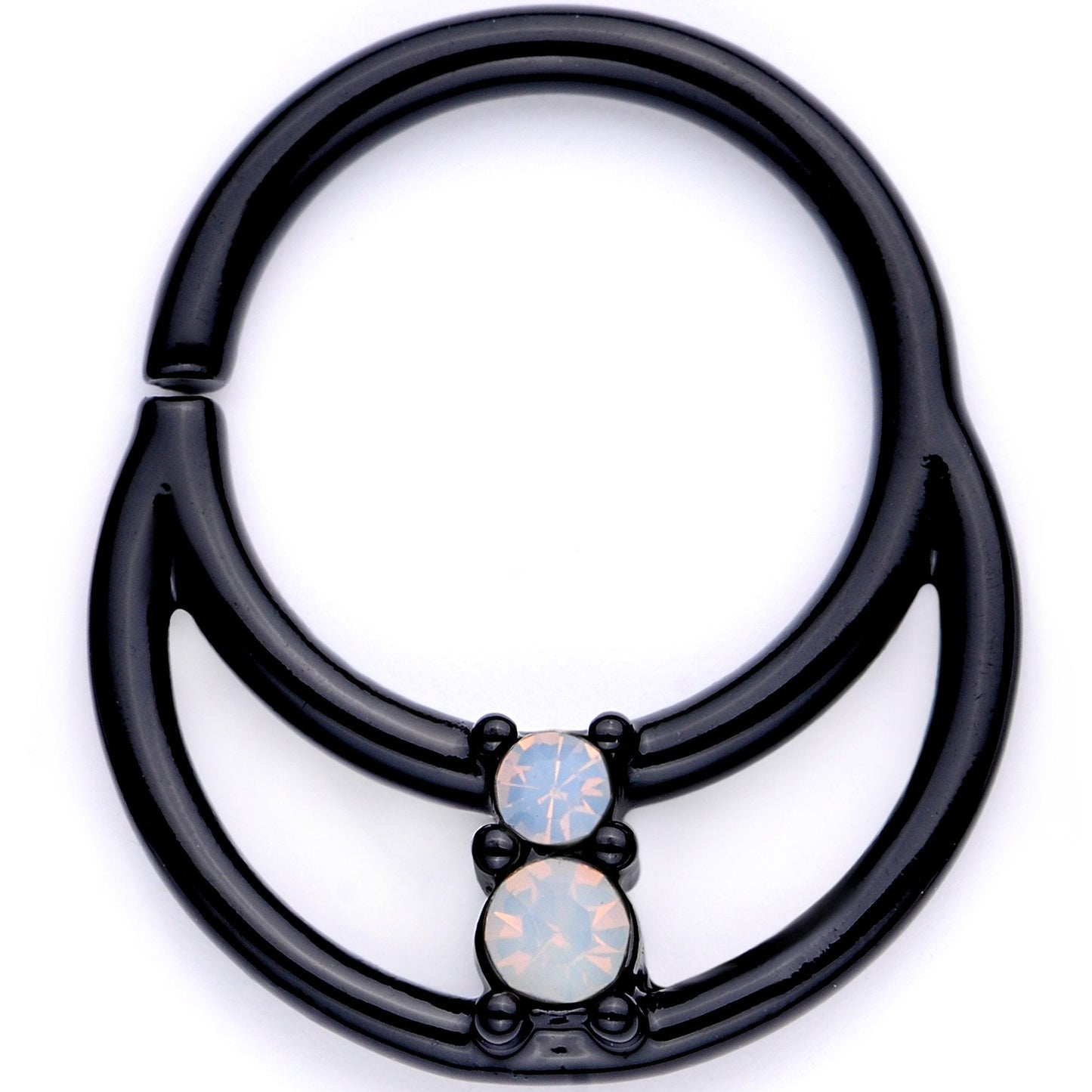 16G 3/8 White Faux Opal Black Anodized Twisted Horseshoe Closure Ring Set