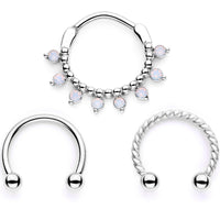 16G 3/8 White Faux Opal Twisted Hoseshoe and Clicker Set of 3