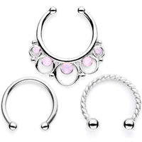 16G Pink Faux Opal Twisted Horseshoe Clip On Fake Septum Ring Set