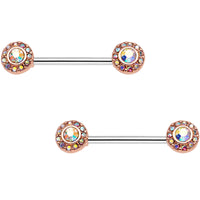 14G Aurora Gem Rose Gold Tone Cluster Barbell Nipple Ring Set