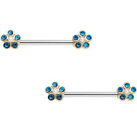 Aqua Gem Gold Tone Bubbly Flower Barbell Nipple Ring Set