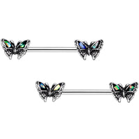 5/8 White Faux Opal Summer Butterfly Barbell Nipple Ring Set