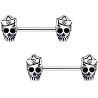 Clear CZ Gem First Mate Skull Barbell Nipple Ring Set