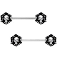 14G 9/16 Clear Gem Skull Rose Flower Barbell Nipple Ring Set