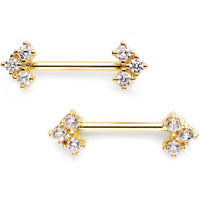 14G 9/16 Set of Clear CZ Gem Gold Tone Trifecta Barbell Nipple Ring