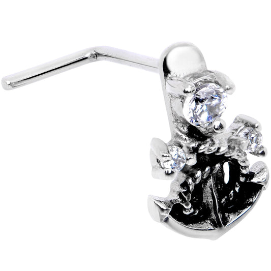 20G 1/4 Clear CZ Gem Nautical Anchor Faux Hoop L Shape Nose Ring