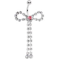 Pink Clear Gem Dainty Graceful Bow With Dangle Belly Ring