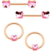 14G Pink Gem Butterfly Rose Gold Hue BCR Barbell Nipple Ring Set