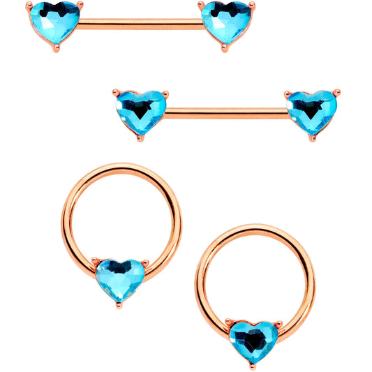 14G Aqua Gem Heart Rose Gold Tone BCR Barbell Nipple Ring Set of 4