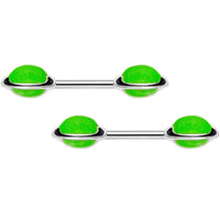 14G 9/16 Green Glow in the Dark Saturn Barbell Nipple Ring Set