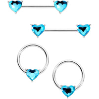 9/16 1/2 Aqua Heart Gem BCR Barbell Nipple Ring Set