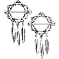 14G 9/16 Clear Gem Lotus Flower Feather Dangle Nipple Shield Set
