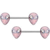 14G 9/16 White Faux Opal Alien Invader Barbell Nipple Ring Set