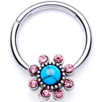 16G 3/8 Pink Gem Faux Turquoise Flower Hinged Segment Ring