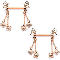 9/16 Clear Gem Rose Gold Tone Butterfly Dangle Barbell Nipple Ring Set