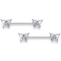14G 9/16 Pink Faux Opal Lacy Butterfly Barbell Nipple Ring Set