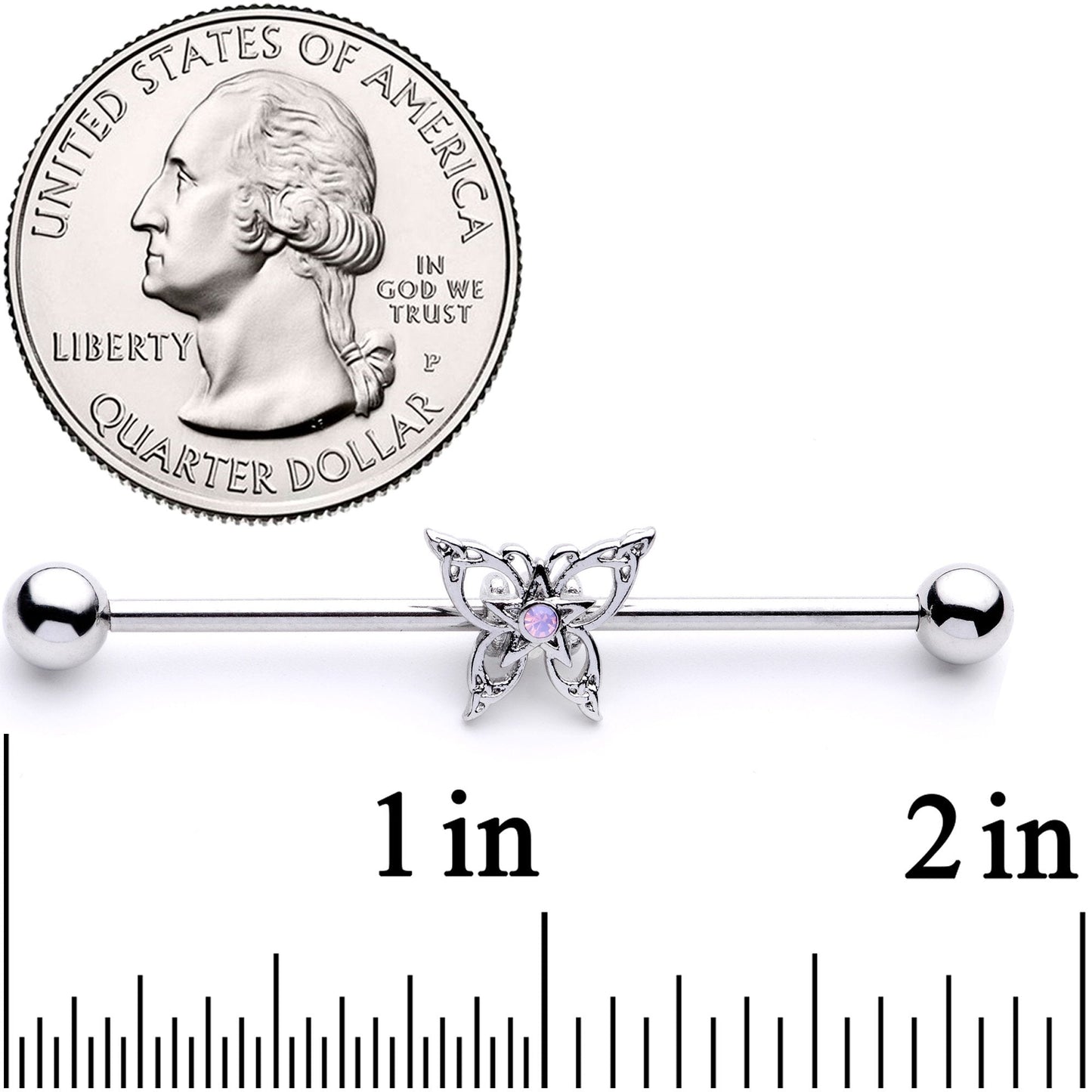 14G White Synthetic Opal Butterfly Industrial Barbell 38mm
