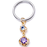 16G 3/8 Blue Purple Gem Flower Dangle Hinged Segment Ring