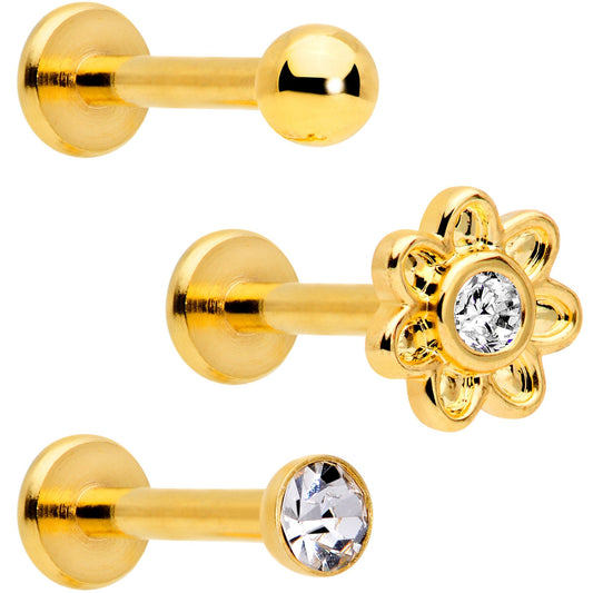 16G Clear Gem Gold Tone Internally Threaded Rose Flower Labret Set