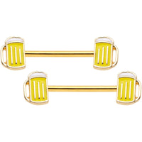 5/8 Gold Tone St Patricks Day Frosty Beer Mug Barbell Nipple Ring Set