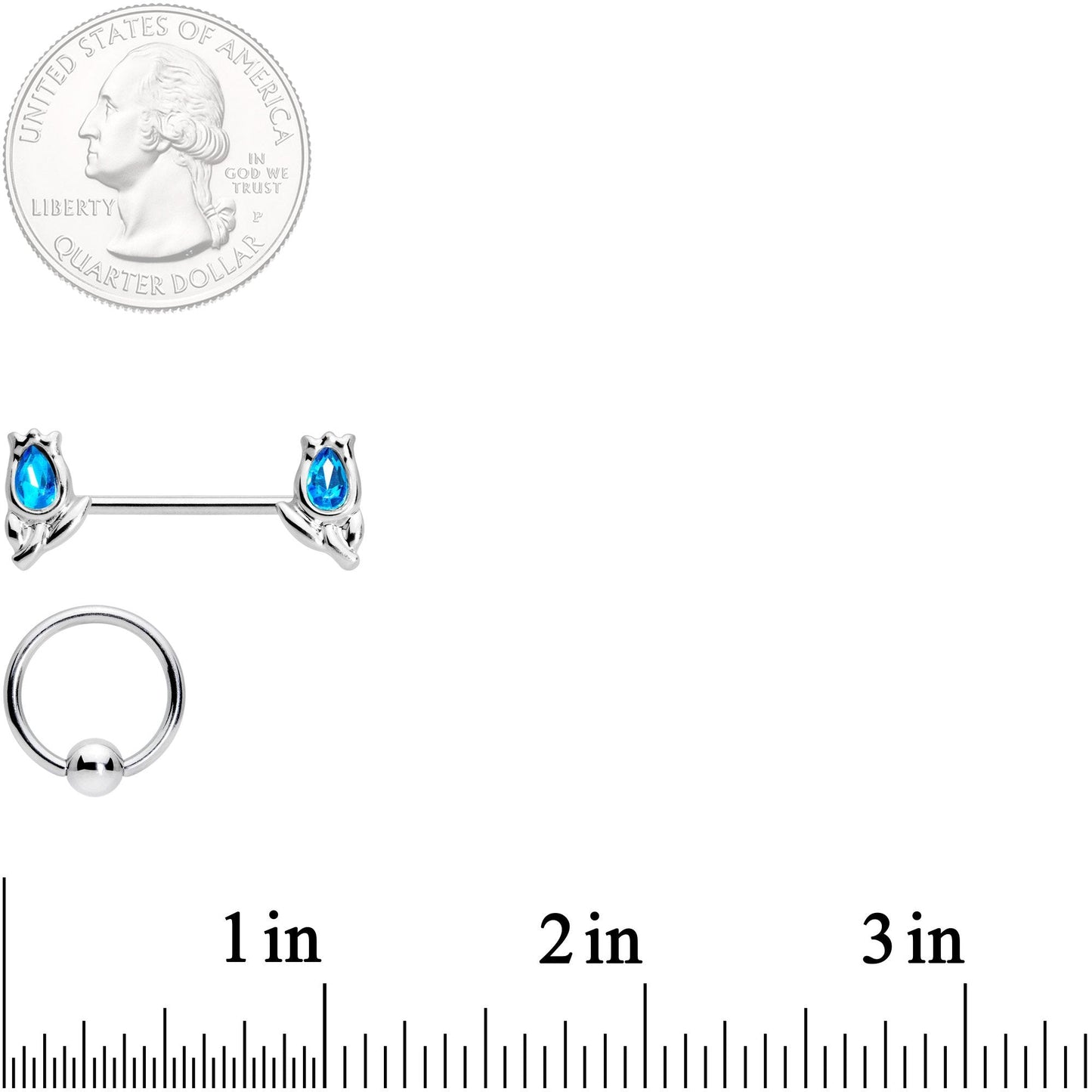 14G 7/16 1/2 Aqua Gem Flowers BCR Barbell Nipple Ring Set of 4