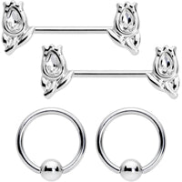 14G 7/16 1/2 Clear Gem Flowers BCR Barbell Nipple Ring Set of 4