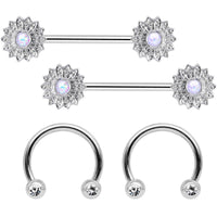 14G 9/16 1/2 White Faux Opal Horseshoe Barbell Nipple Ring Set