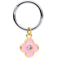 16G 3/8 Clear CZ Pink Flower Dangle Hinged Segment Ring