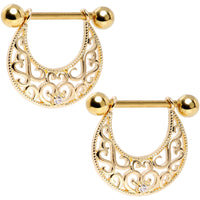 14G 9/16 Clear CZ Gem Gold Tone Abstract Heart Nipple Shield Set
