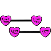 14G 5/8 Black Pink Heart Love You Barbell Nipple Ring Set