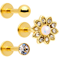 16G 5/16 White Faux Opal Gold Tone Flower Labret Curation Set of 3