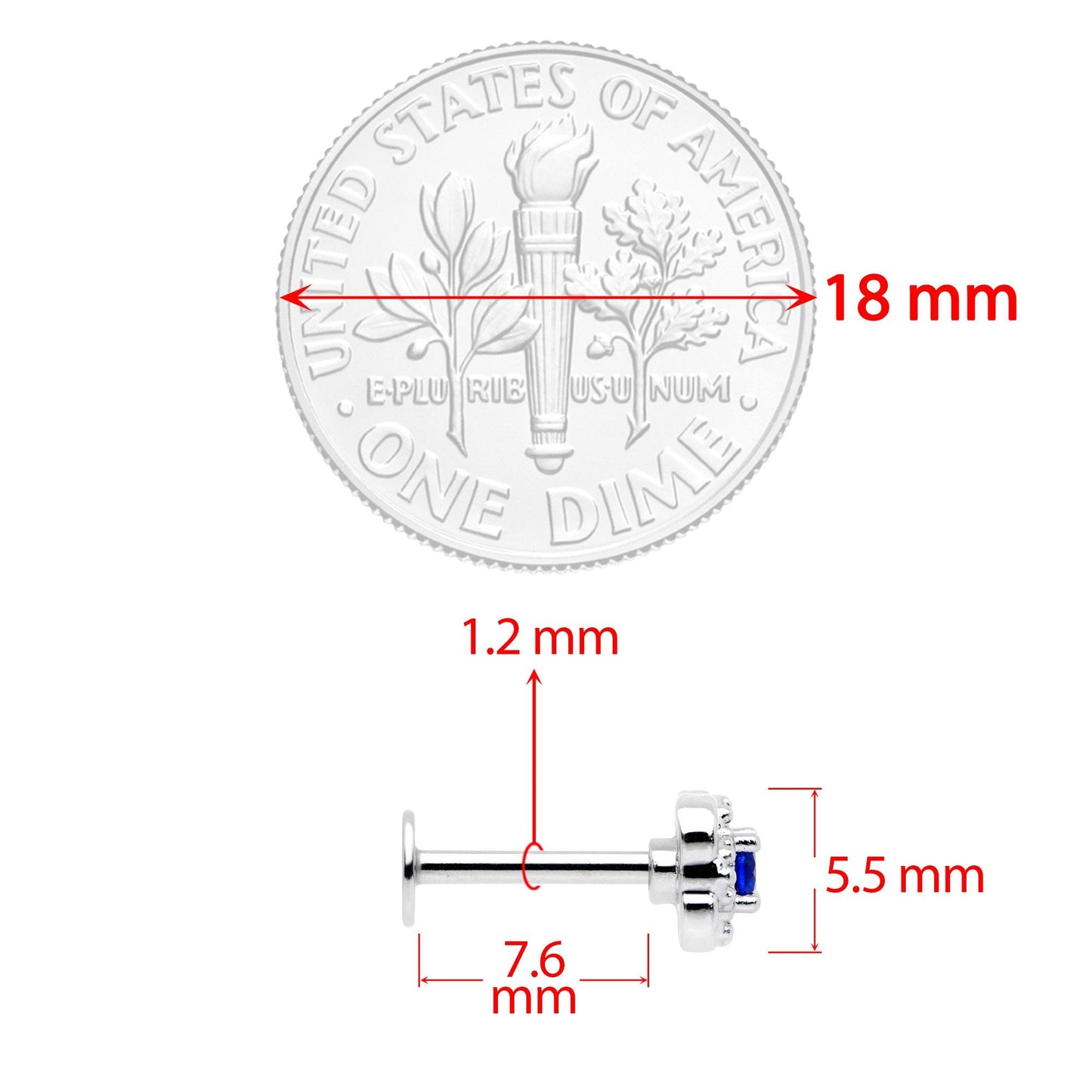 16G 5/16 Blue CZ Gem Square Cross Labret Monroe Tragus