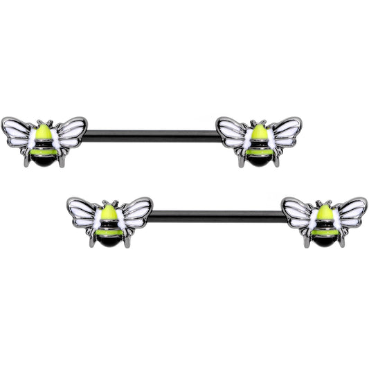 14G 9/16 Black Blissful Bumblebee Barbell Nipple Ring Set