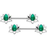 14G 9/16 Green Faux Opal Lotus Flower Barbell Nipple Ring Set