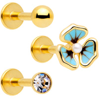 16G 5/16 Clear Gem Gold Tone Blue Pansy Labret Set of 3